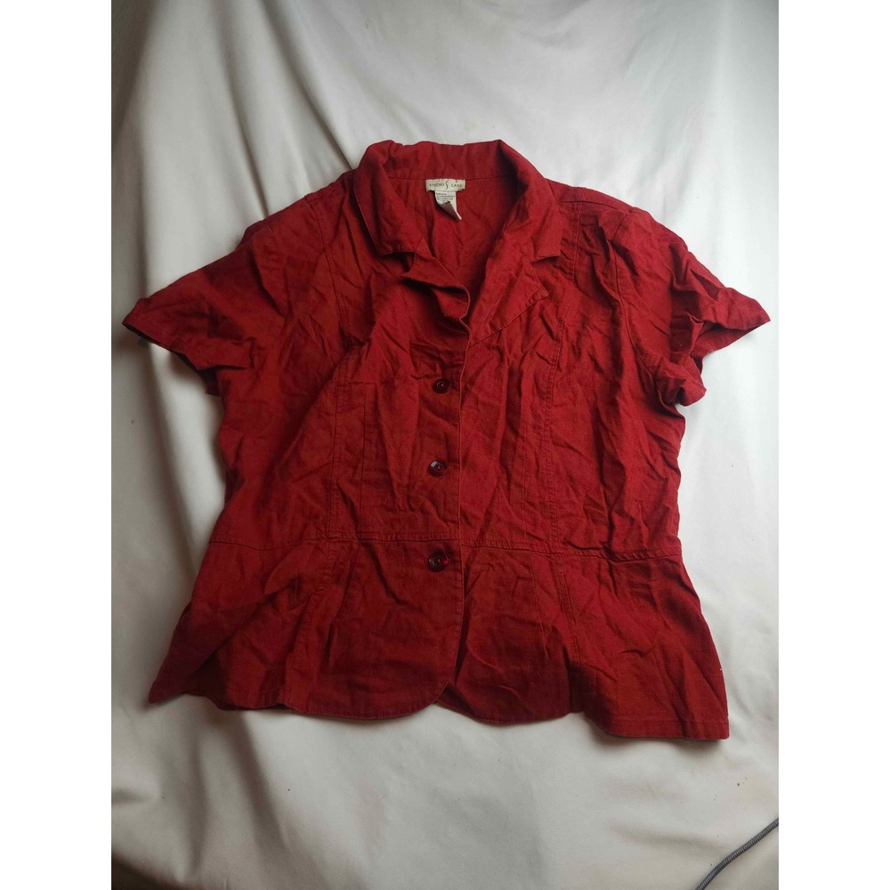 Studio Ease Red Linen Blend Short Sleeve Button Down Peplum Shirt Womens Size 18